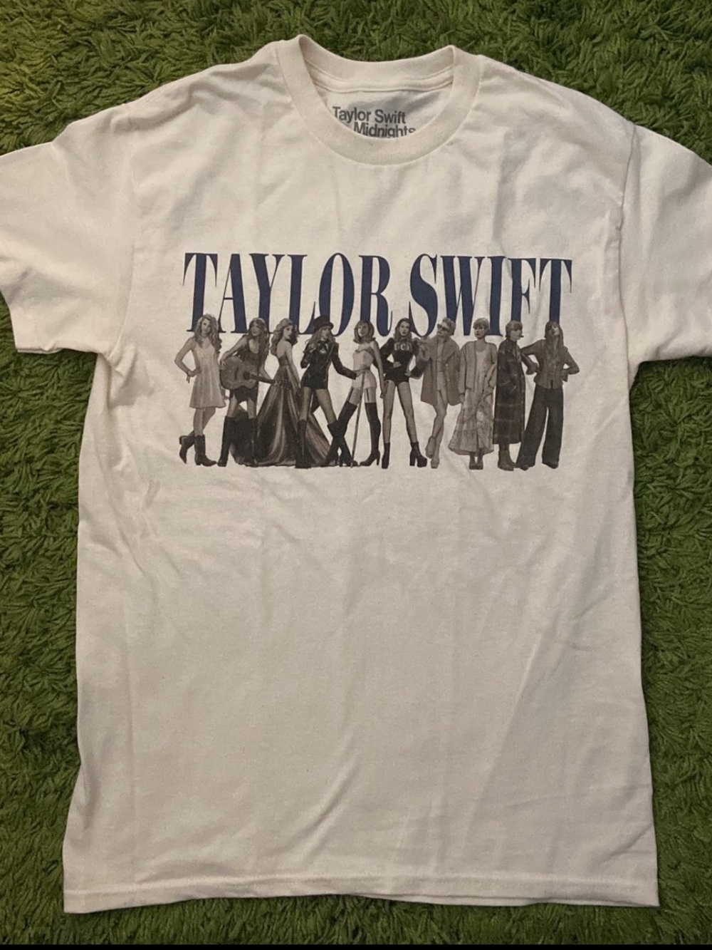 Taylor Swift White Graphic Tee with Navy Lettering and Monochrome Silhouettes